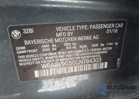 2016 BMW 328I from USA, damaged, VIN WBA8E9G50GNT84303